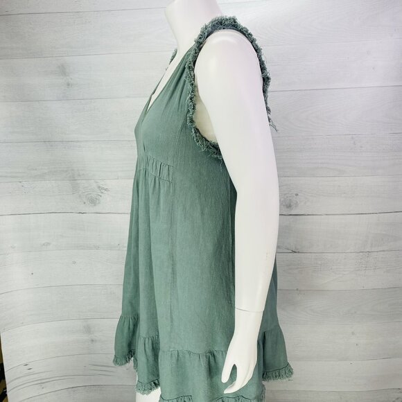 Umgee Teal Green Linen Blend V Neck Sleeveless Raw Hem Ruffle Boho Dress Sz L - Picture 6 of 13